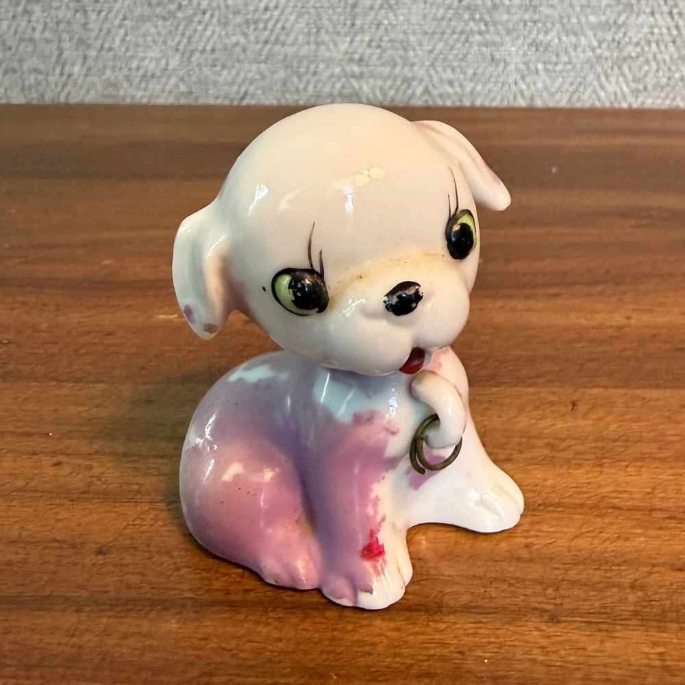 Vintage 1950s Ceramic Puppy Figurine Purple White Mid Century Kitsch Dog Japan